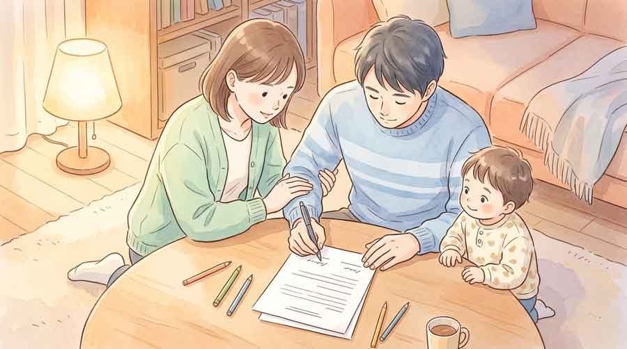贈与契約書を確認する家族