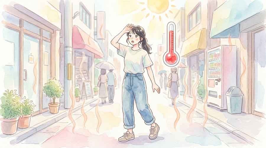 酷暑日に驚き汗をぬぐう女性、寒暖計と太陽の水彩イラスト