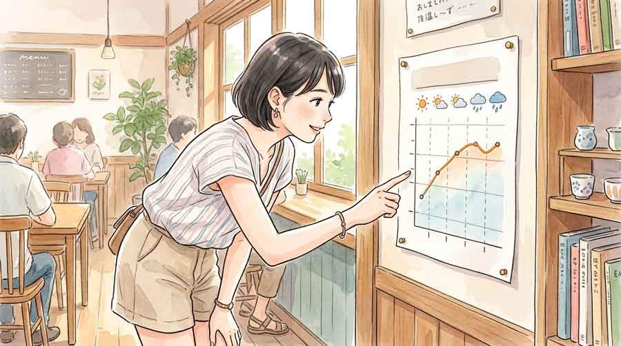 酷暑日と猛暑日の違いを天気予報で確認する女性のイラスト