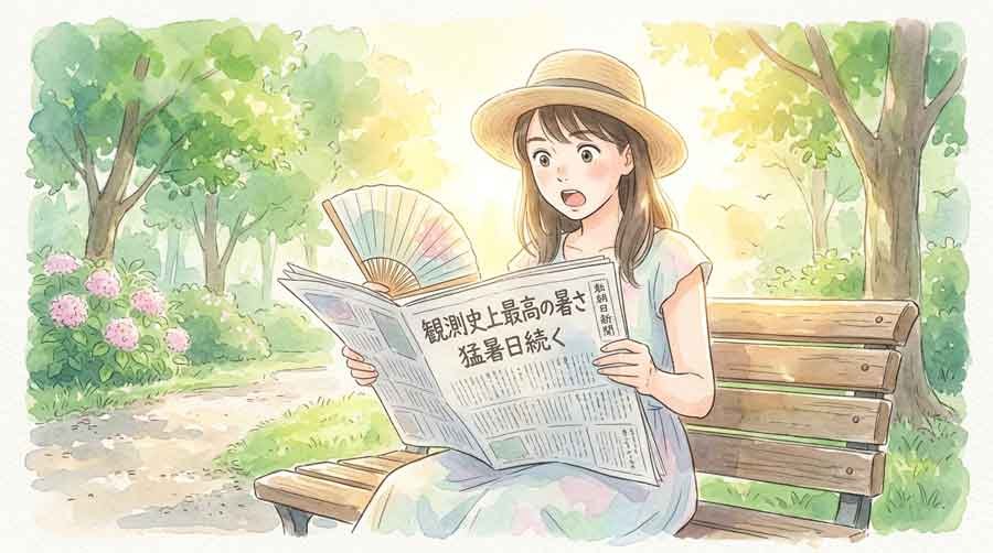 2025年の猛暑記録を新聞で確認して驚く女性のイラスト