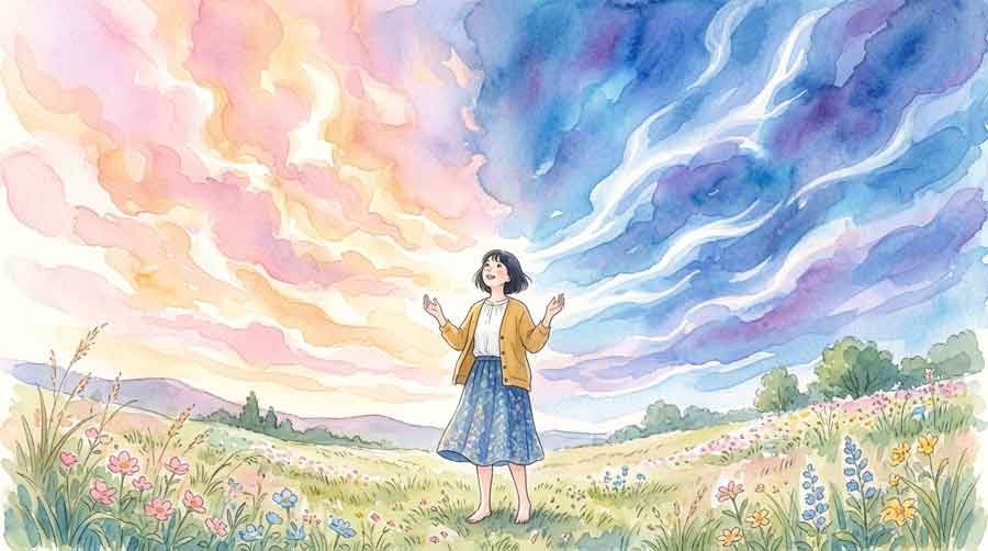 太平洋高気圧とチベット高気圧が重なる空を見上げる女性のイラスト