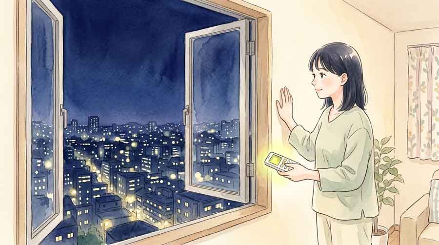 夜のマンションの窓辺でエアコンの温度を確認する女性のイラスト