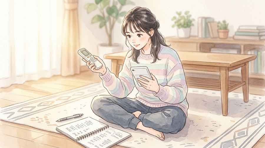 電卓とエアコンのリモコンを持って計算する女性のイラスト