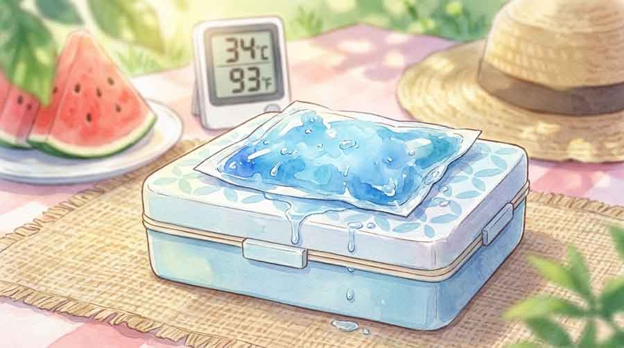 食中毒対策で保冷剤を手に驚く女性の夏のキッチン風景