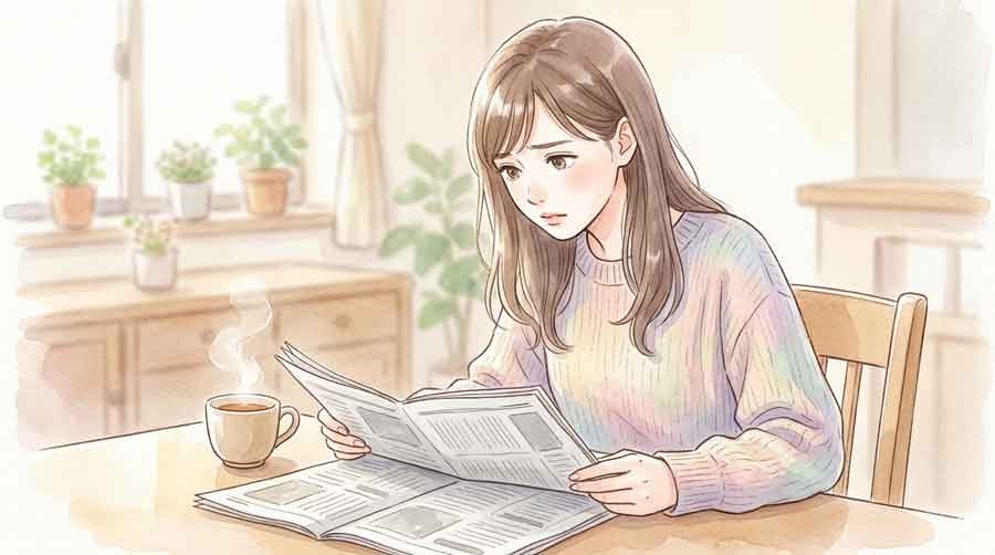 食中毒ニュースを見て驚く女性のキッチンでの様子
