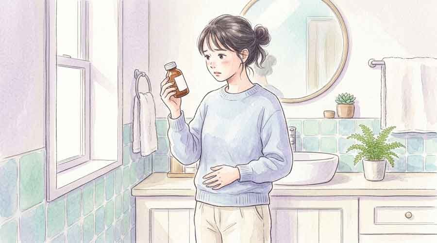 下痢止めの薬を手に持ち悩む女性、食中毒の初動対応