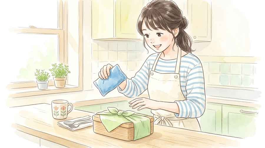 お弁当箱に保冷剤をのせる女性の手元、食中毒予防の工夫