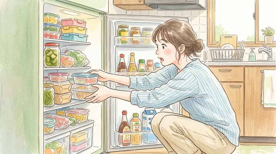 冷蔵庫に食品を詰め込みすぎている様子、食中毒予防の見直し