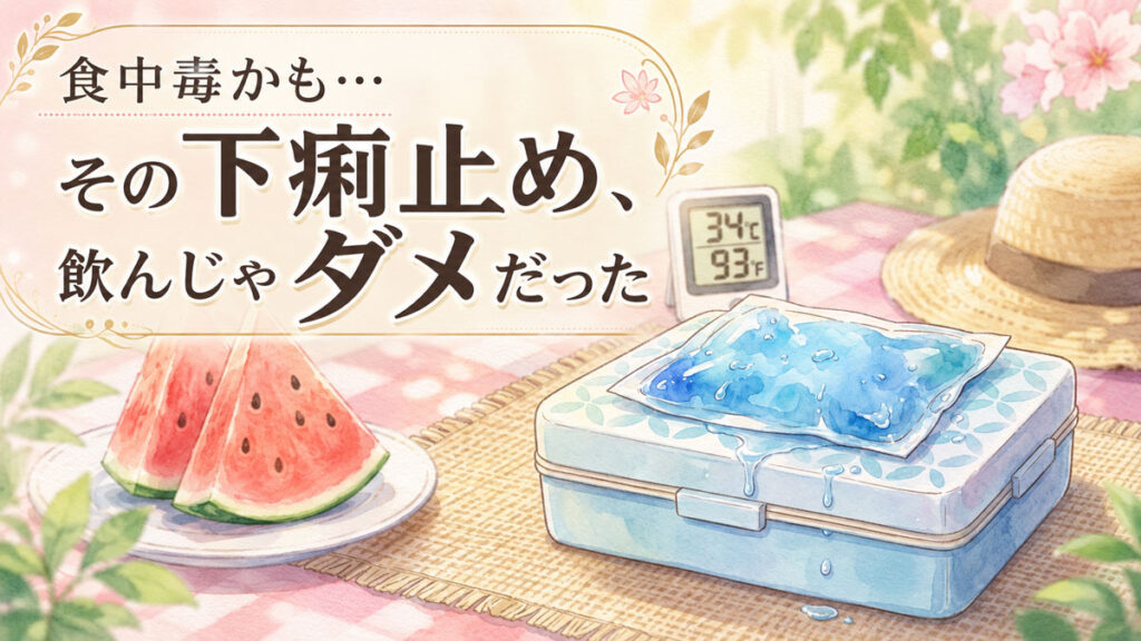食中毒対策で保冷剤を手に驚く女性の夏のキッチン風景