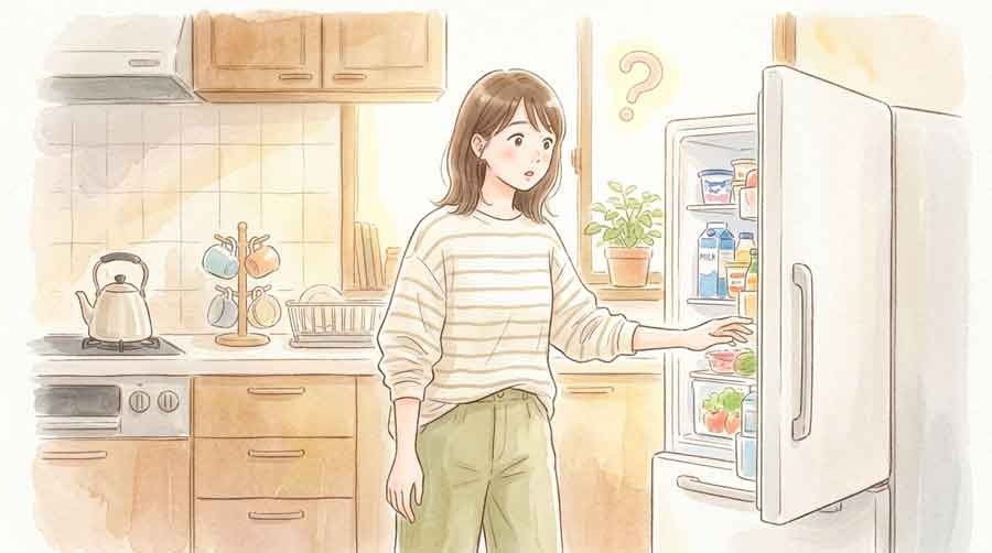 冷蔵庫DRで変わる暮らし、キッチンで驚く女性のイラスト