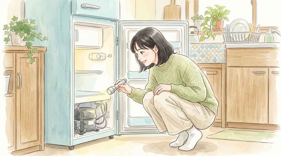 冷蔵庫のコンプレッサーが停止する仕組みを説明するイラスト