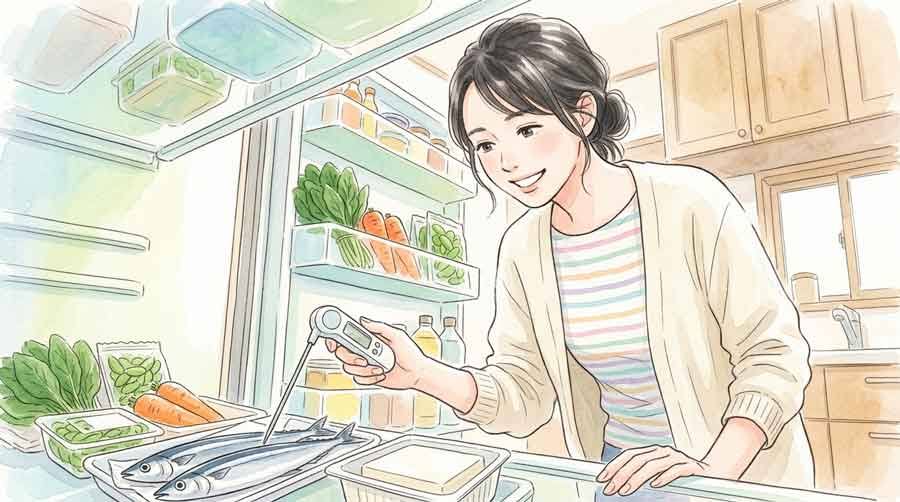 冷蔵庫の中の食材と温度計のイラスト