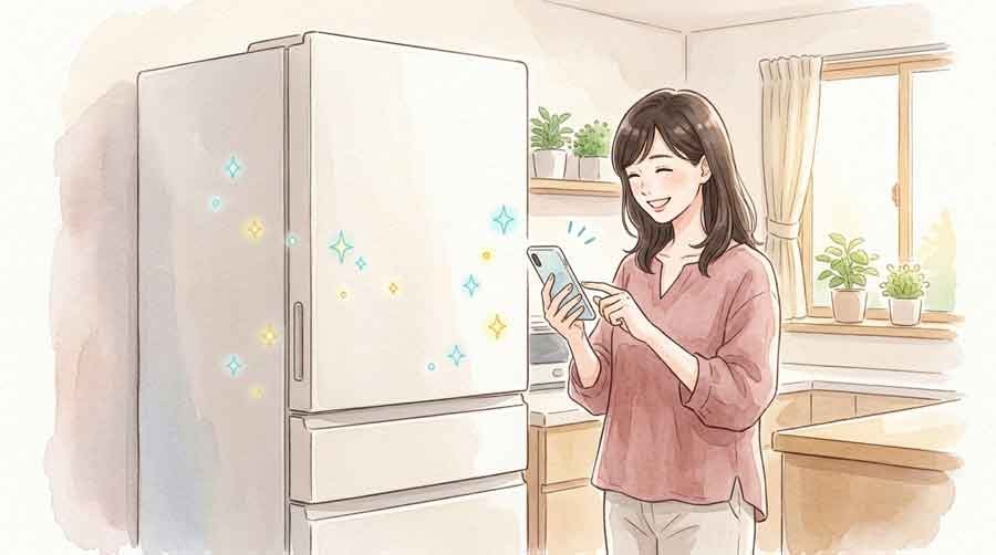 シャープの冷蔵庫とスマートフォン連携のイラスト