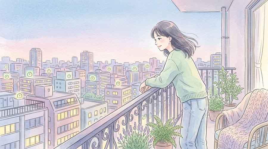 マンションのベランダと電力メーターのイラスト