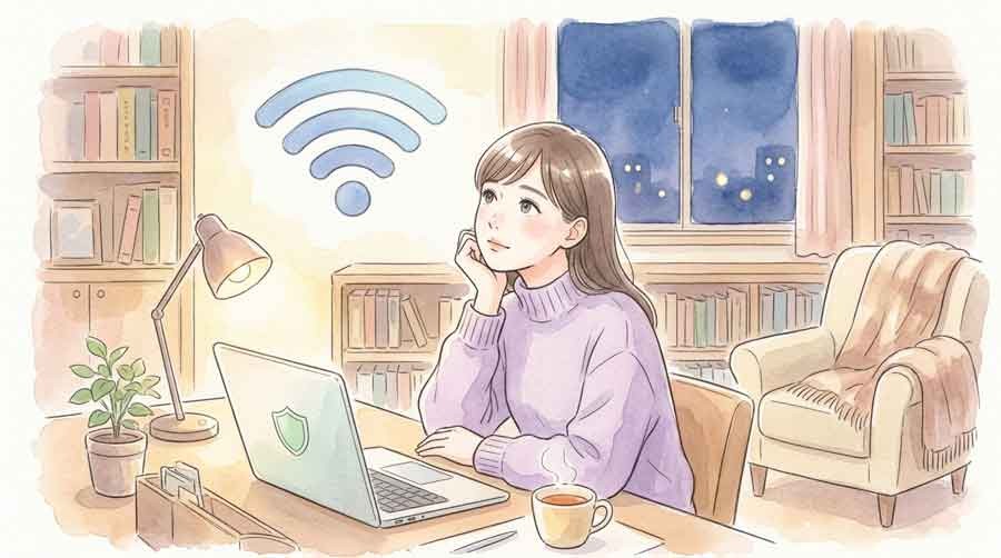 Wi-Fiとセキュリティのアイコンをイメージしたイラスト