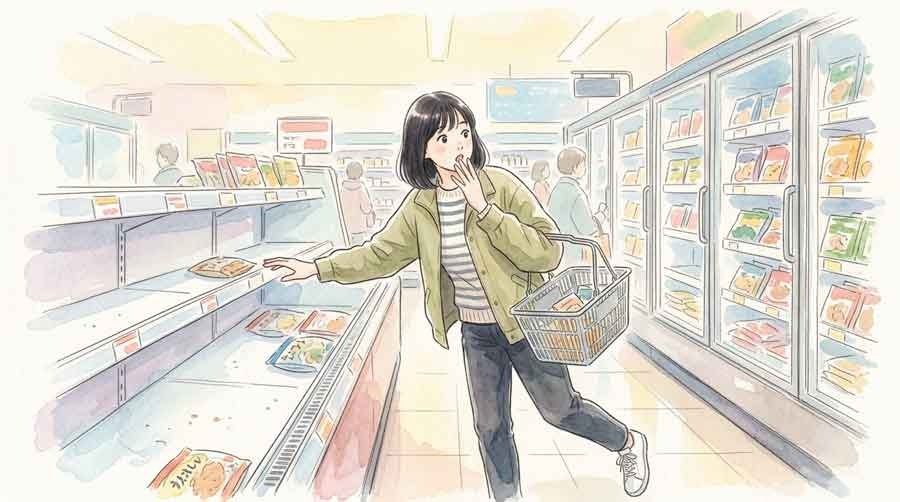 ニチレイ冷凍食品の棚が空になったスーパーの陳列風景