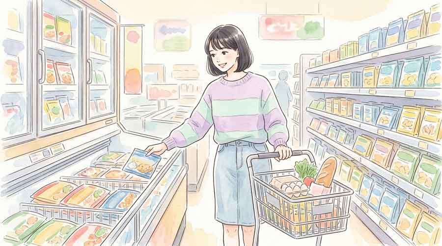 スーパーの冷凍食品売り場で商品を選ぶ女性