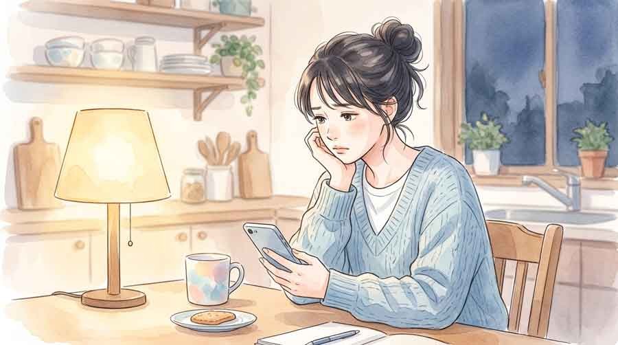スマートフォンを見ながら不安そうな表情の女性