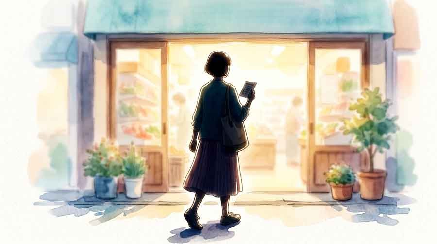 買い物リストを手に食品を選ぶ女性のうしろ姿