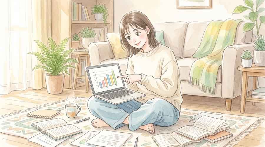ふるさと納税シミュレーションで上限額を計算する女性の水彩イラスト