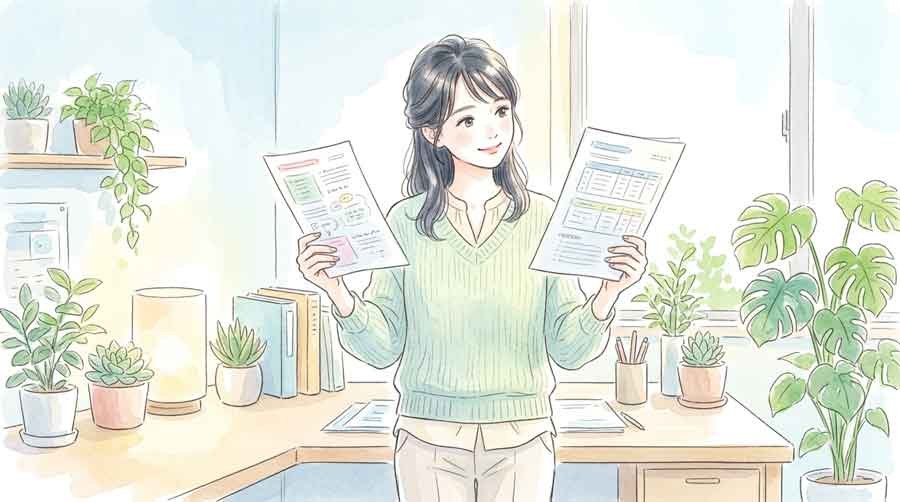 ワンストップ特例と確定申告の書類を見比べる女性の水彩イラスト