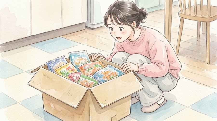 ふるさと納税返礼品の箱を開けて驚く女性の水彩イラスト