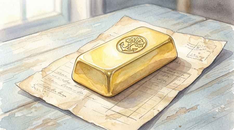 金買取拒否に驚く女性が電卓と金の延べ棒を見つめる様子
