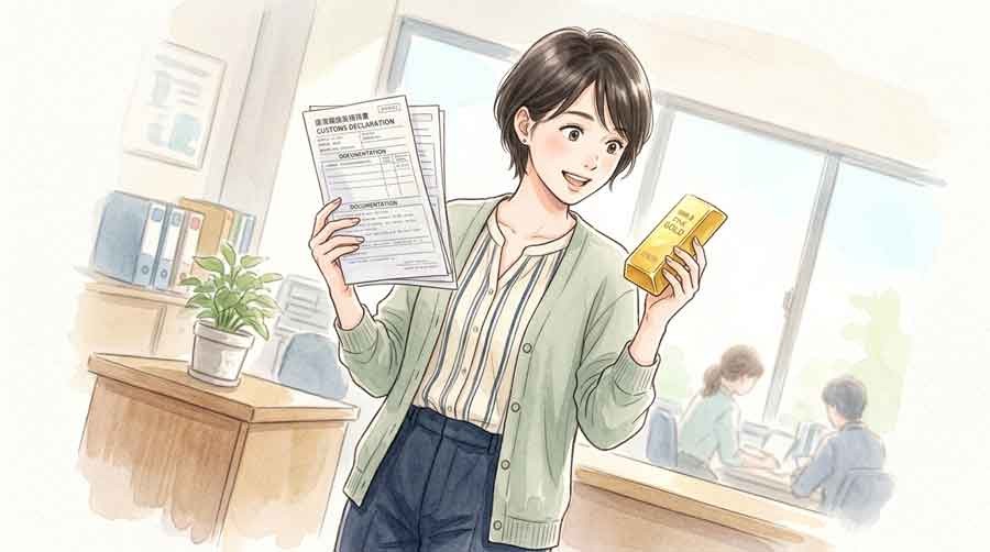 買取店のカウンターで書類を確認され困惑する女性