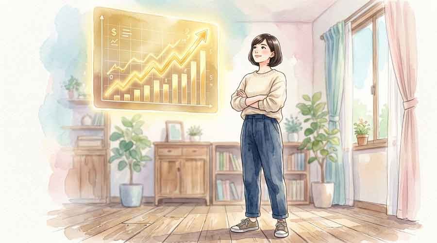 上昇し続ける金価格チャートの前で腕を組んで考える女性