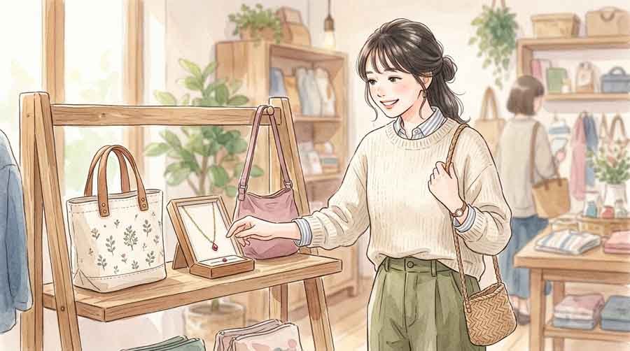 資産防衛を考える女性がビサイユのバッグとアクセサリーを選ぶ様子
