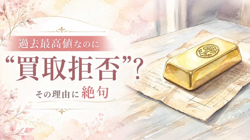金買取拒否に驚く女性が電卓と金の延べ棒を見つめる様子