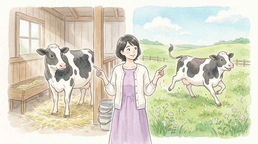 放牧牛乳と普通の牛乳を飲み比べる様子
