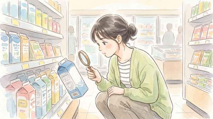近所のスーパーで放牧牛乳を手に取る様子
