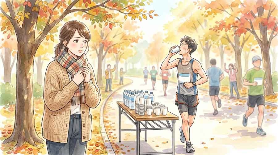 給水所で水分補給をする選手を心配そうに見守る女性のイラスト