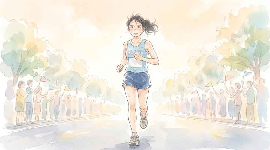 猛暑の中で汗だくになりながら走る選手のイラスト
