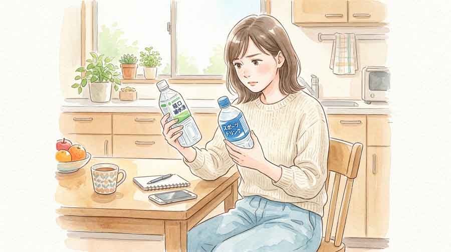経口補水液とスポーツドリンクを見比べる女性のイラスト