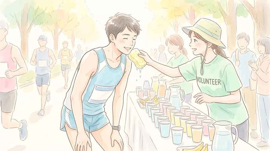 給水所でスポンジを受け取る選手のイラスト