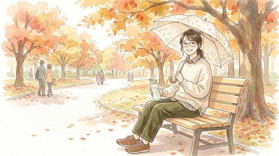 日傘と飲み物を持って観戦する女性のイラスト