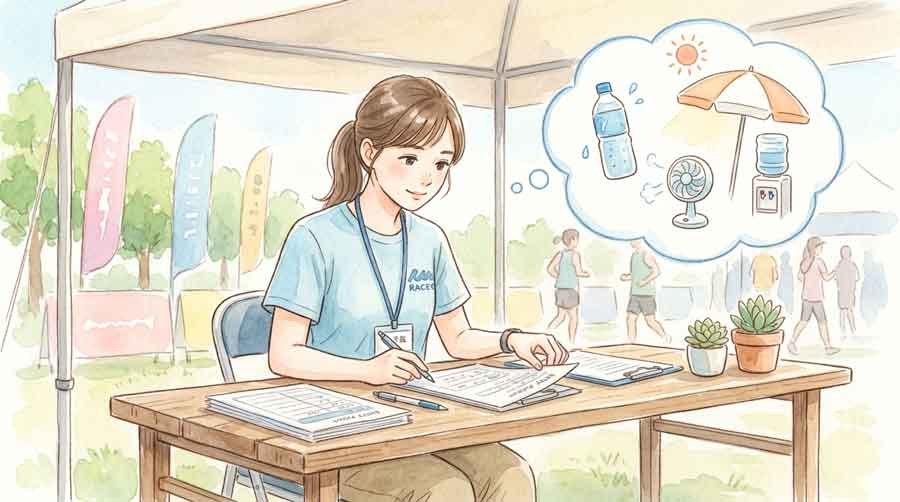 エントリー用紙を確認しながら暑さ対策を考えるスタッフのイラスト