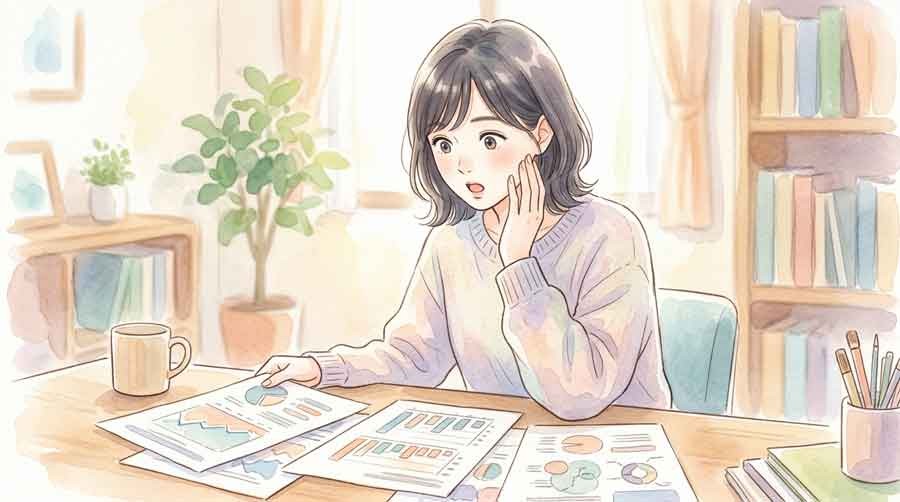 過去5年分のレース結果を並べて確認する女性のイラスト