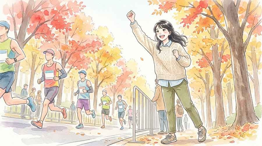 箱根駅伝予選会2027の応援に駆けつける女性ファンの躍動感あるイラスト
