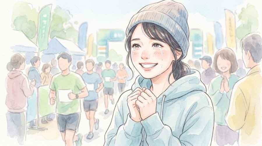 箱根駅伝の予選会で健闘する選手たちを見つめて涙ぐむ女性ファンのイラスト