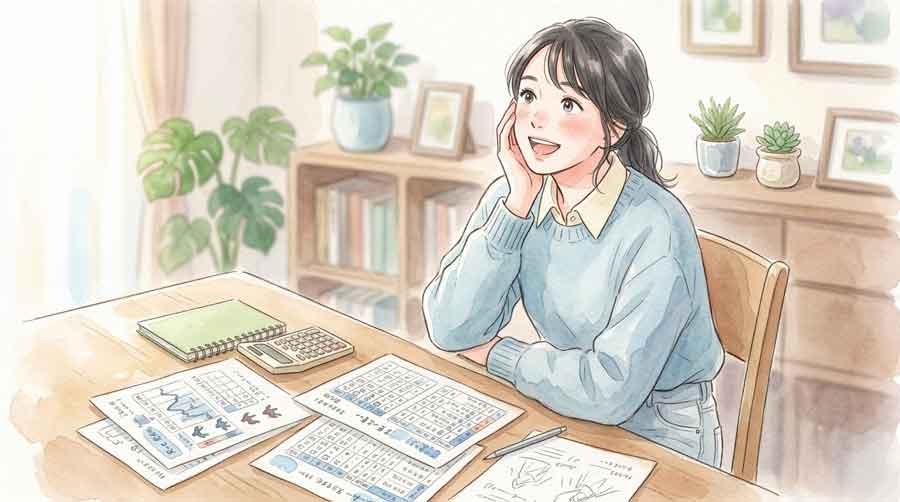 過去のレースデータを見比べて驚く表情の女性のイラスト