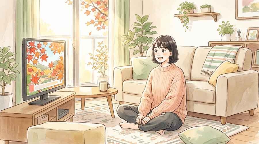 テレビの前で予選会中継を楽しみに待つ女性のイラスト