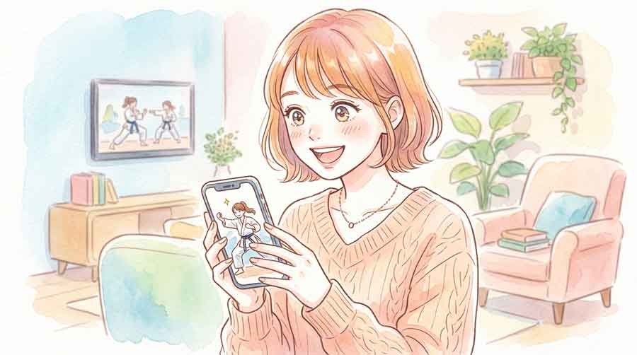 テレビとスマホの両方で中継をチェックする女性のイラスト