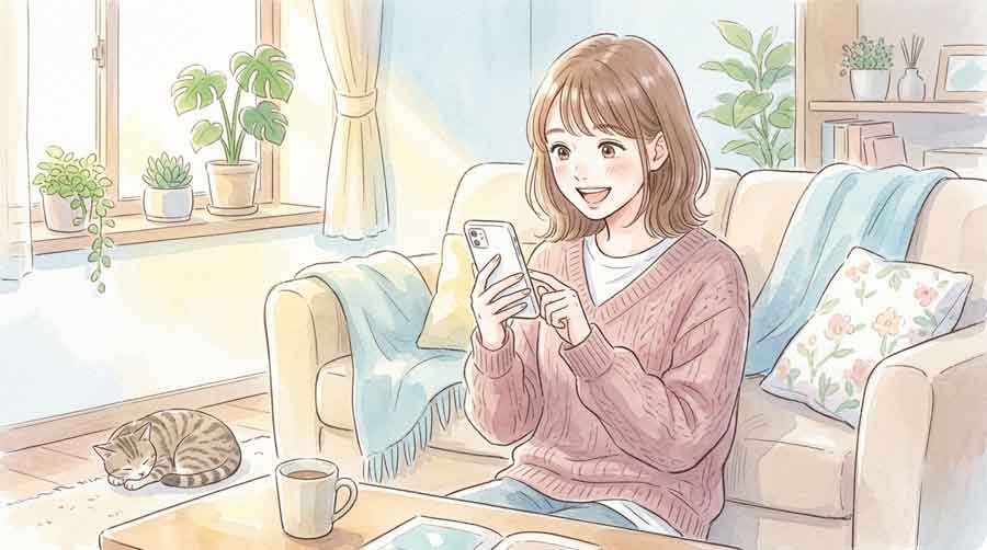 スマホで速報をチェックしながら盛り上がる女性のイラスト