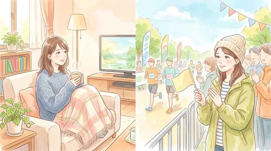 自宅と現地、両方の観戦スタイルを想像する女性のイラスト