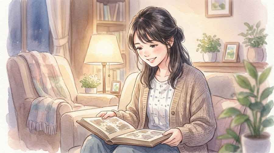 過去の名場面を振り返りながら微笑む女性のイラスト