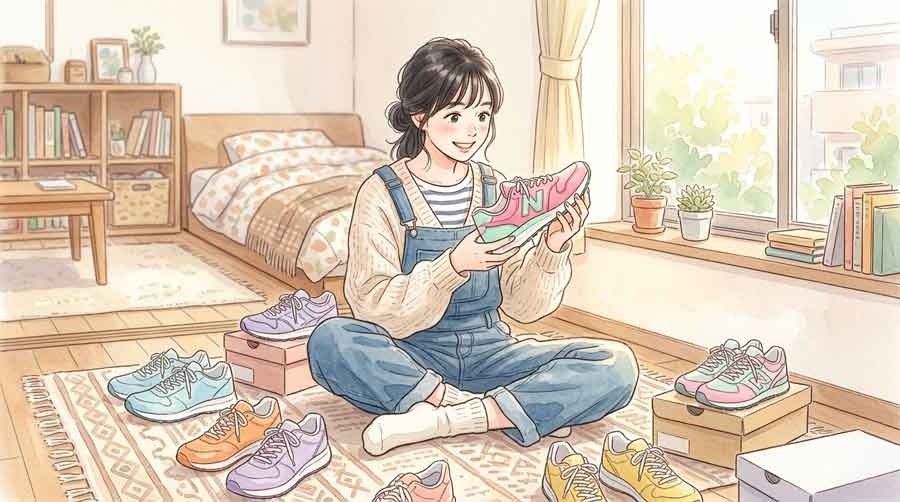 色とりどりのランニングシューズを見比べる女性のイラスト
