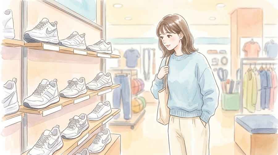 かつて主流だったナイキのシューズを眺める女性のイラスト